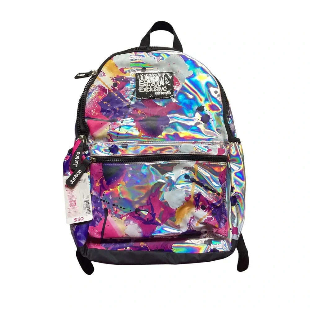 Justice Girls Holographic Splatter Print Backpack Silver Iridescent School Bag